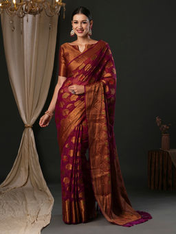 Akhilam - Women's Organza Purple Woven Designer Saree with Unstitched Blouse