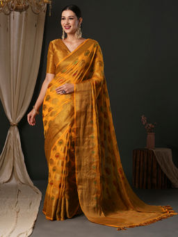 Akhilam - Women's Organza Yellow Woven Designer Saree with Unstitched Blouse