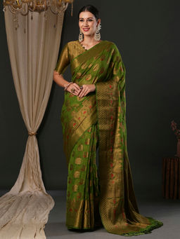 Akhilam - Women's Organza Olive Woven Designer Saree with Unstitched Blouse