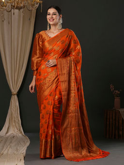 Akhilam - Women's Organza Orange Woven Designer Saree with Unstitched Blouse