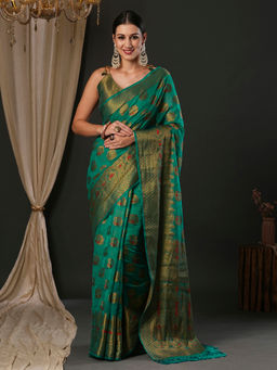 Akhilam - Women's Organza Teal Blue Woven Designer Saree with Unstitched Blouse