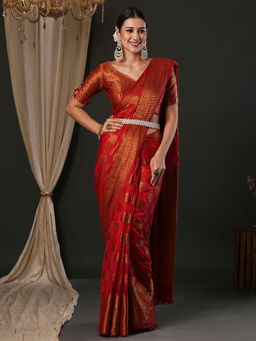 Akhilam - Women's Organza Red Woven Designer Saree with Unstitched Blouse