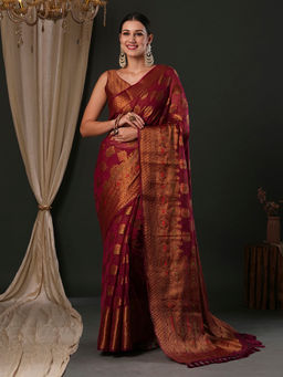 Akhilam - Women's Organza Purple Woven Designer Saree with Unstitched Blouse