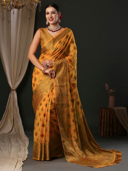 Akhilam - Women's Organza Yellow Woven Designer Saree with Unstitched Blouse