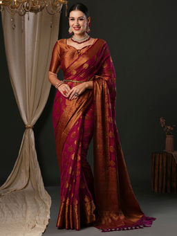 Akhilam - Women's Organza Purple Woven Designer Saree with Unstitched Blouse