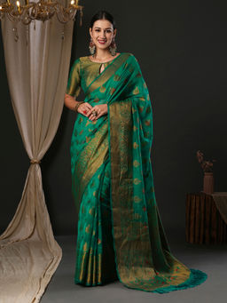 Akhilam - Women's Organza Teal Blue Woven Designer Saree with Unstitched Blouse