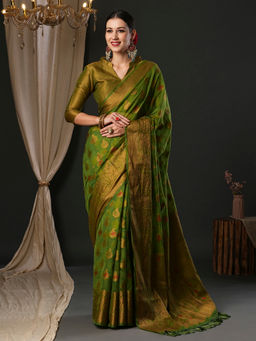 Akhilam - Women's Organza Olive Woven Designer Saree with Unstitched Blouse