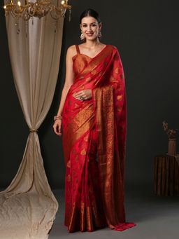 Akhilam - Women's Organza Pink Woven Designer Saree with Unstitched Blouse