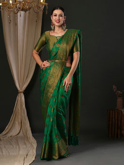 Akhilam - Women's Organza Teal Green Woven Designer Saree with Unstitched Blouse