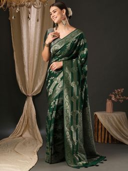 Akhilam - Women's Georgette Green Woven Designer Saree with Unstitched Blouse