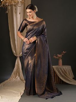 Akhilam - Women's Silk Blend Navy Blue Woven Designer Saree with Unstitched Blouse