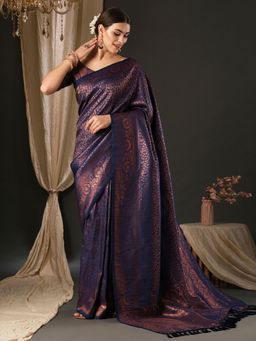 Akhilam - Women's Silk Blend Navy Blue Woven Designer Saree with Unstitched Blouse