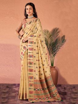 Akhilam - Women's Cotton Silk Beige Woven Designer Saree with Unstitched Blouse