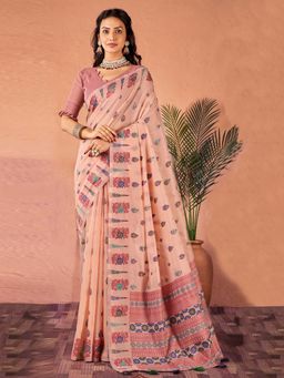 Akhilam - Women's Cotton Silk Rose Gold Woven Designer Saree with Unstitched Blouse