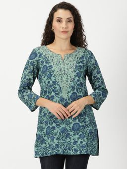 Saffron Threads - Green Floral Cotton Tunic with Embroidered Yoke