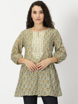 Saffron Threads - Green Floral Print A-Line Tunic with Embroidered Yoke