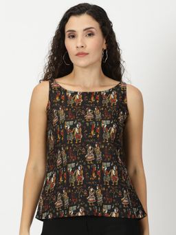 Saffron Threads - Black Kalamkari Print Cotton Top