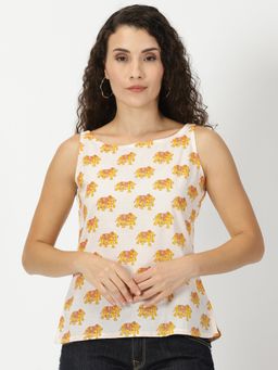 Saffron Threads - White-Yellow Elephant Print Cotton Top