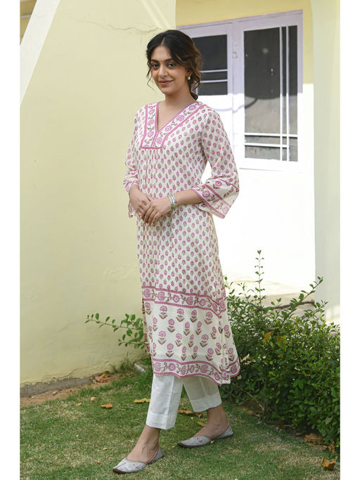 Pink Cactii White and Pink Floral Printed Kurta Set (Set of 3)