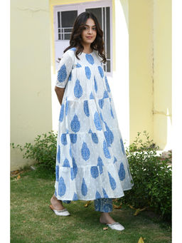 Pink Cactii - White and Blue Printed Kurta Set (Set of 2)
