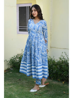 Pink Cactii - Blue and White Printed Kurta Set (Set of 3)