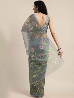 Rajnandini - Grey Organza Printed Traditional Saree with Unstitched Blouse