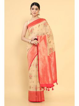 Soch - Women Beige Silk Floral Saree with Unstitched Blouse