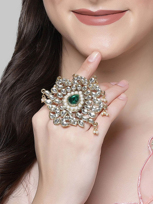Karatcart Gold Plated Emerald Green Stone Studded Kundan Cocktail Ring for Women