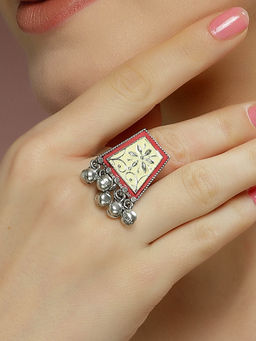 Karatcart - Oxidised Silver Red Meena Finger Ring for Women