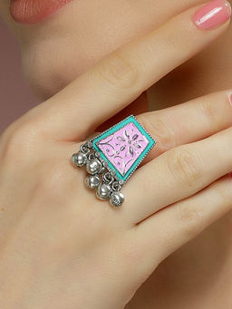 Karatcart - Oxidised Silver Pink and Lime Green Meena Finger Ring for Women