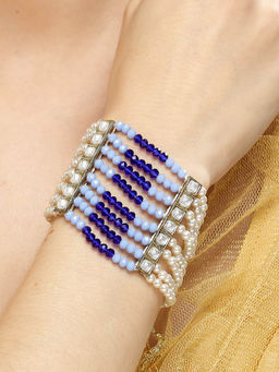 Karatcart - Gold Plated Blue Crystals and Pearl Studded Kundan Bracelet for Women