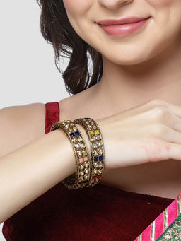 Karatcart - Antique Gold Plated Drop Shape Multicolor Stone Rajwadi Kadas for Women (Set of 2)