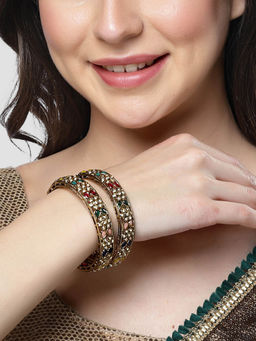 Karatcart - Antique Gold Plated Floral Design Multicolor Kundan Studded Kadas for Women