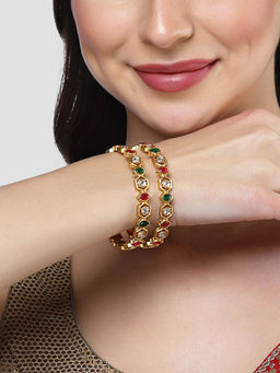 Karatcart - Gold Plated Kundan Red and Green Stone Bangles for Women (Set of 2)