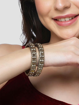 Karatcart - Kundan Studded Antique Gold Plated Rajwadi Kadas for Women (Set of 2)