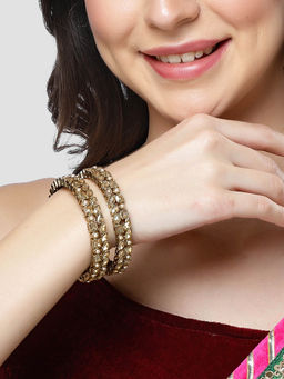 Karatcart - Golden Kundan and Moti Studded Antique Gold Plated Kadas for Women (Set of 2)