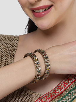 Karatcart - Antique Gold Plated Multicolor Kundan Studded Kadas for Women (Set of 2)