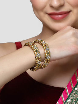 Karatcart - Antique Gold Plated Floral Design Multicolor Stone Studded Kadas for Women