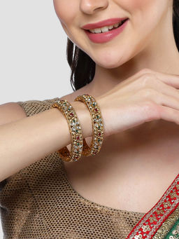 Karatcart - Antique Gold Plated Floral Design Red Stone Studded Kadas for Women