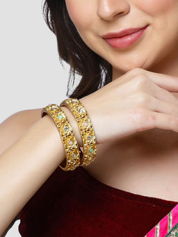 Karatcart - Gold Plated Floral Design Multicolor Stone Studded Kadas for Women (Set of 2)