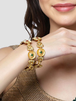 Karatcart - Floral Design Gold Plated Laxmi Mata Temple Kadas for Women (Set of 2)