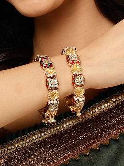 Karatcart - Gold Plated Red Meena and Pearl Studded Kadas for Women (Set of 2)