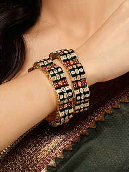 Karatcart - Gold Plated Green Meena Kadas Set for Women