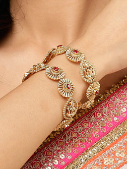 Karatcart - Gold Plated Laxmi Mata Design Red Stone Kadas for Women (Set of 2)