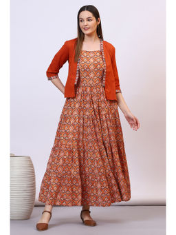 Aurelia - Orange Printed Front Open Cotton Flax Jacket