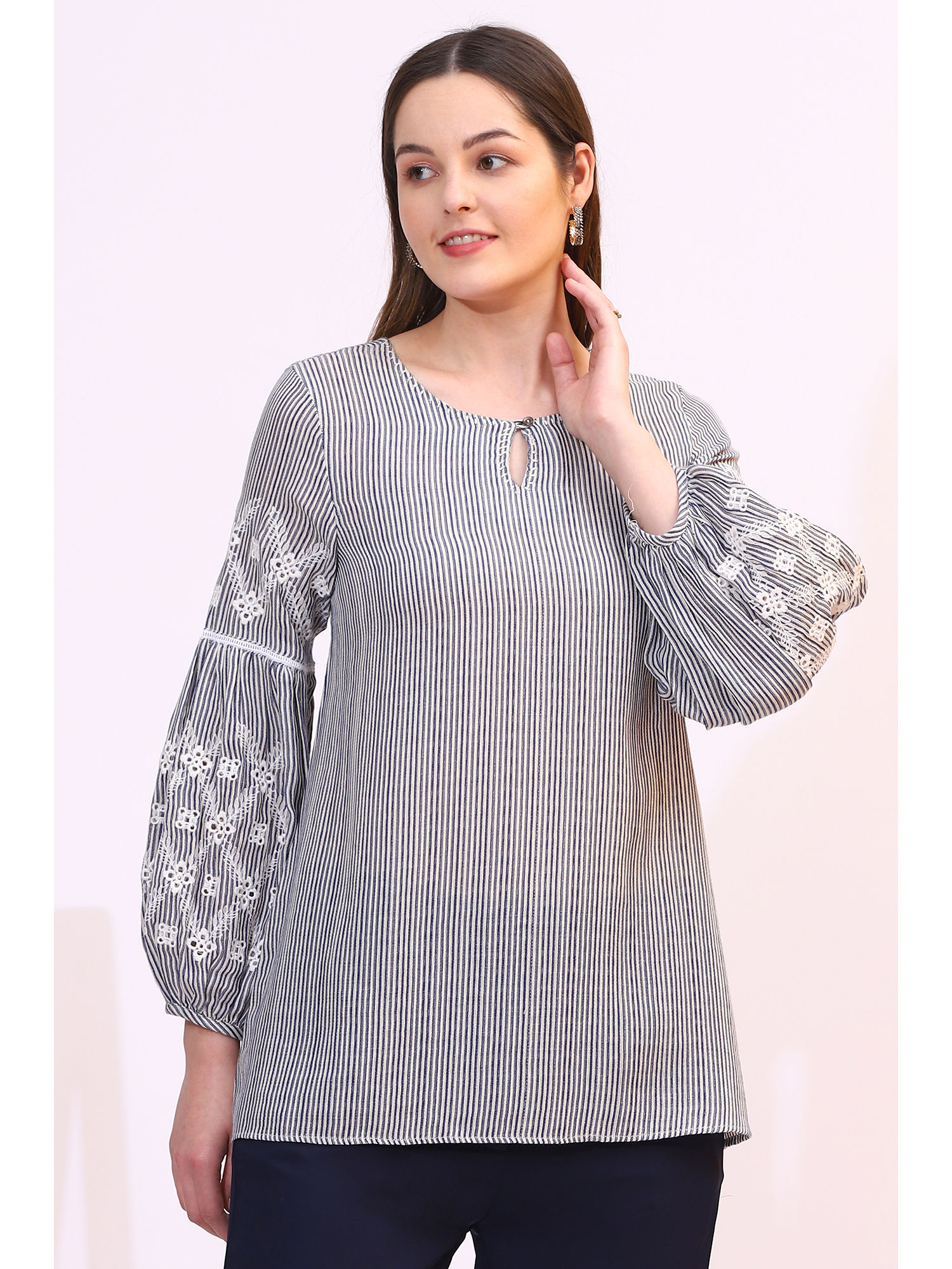 Black Yarn Dyed Striped Schiffli Embroidered Tunic-image-5