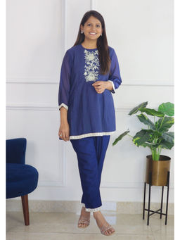 Pink Tree - Blue Pleat Poetry Embroidered Co Ord Set with Pant