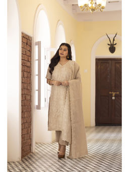 Sutra Art of Clothing - Beige Linen Embroidered Kurta Set with Dupatta