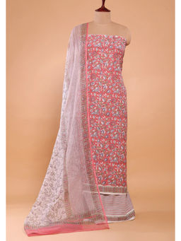 Sutra Art of Clothing - Salmon And Frost Pink Hand Block Printed Suit Set With Dupatta