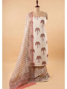 Sutra Art of Clothing - Beige Palm Hand Block Print Suit Set With Dupatta